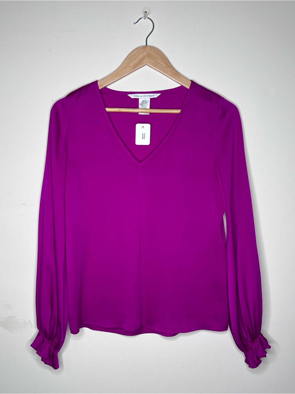 Diane Von Furstenberg Women's V-Neck Long Sleeve Blouse — Magenta